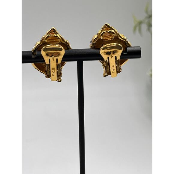 Kenneth Jay Lane KJL Vintage Gold Crystal Seashell Crystal Clip On Earrings - Picture 5 of 9